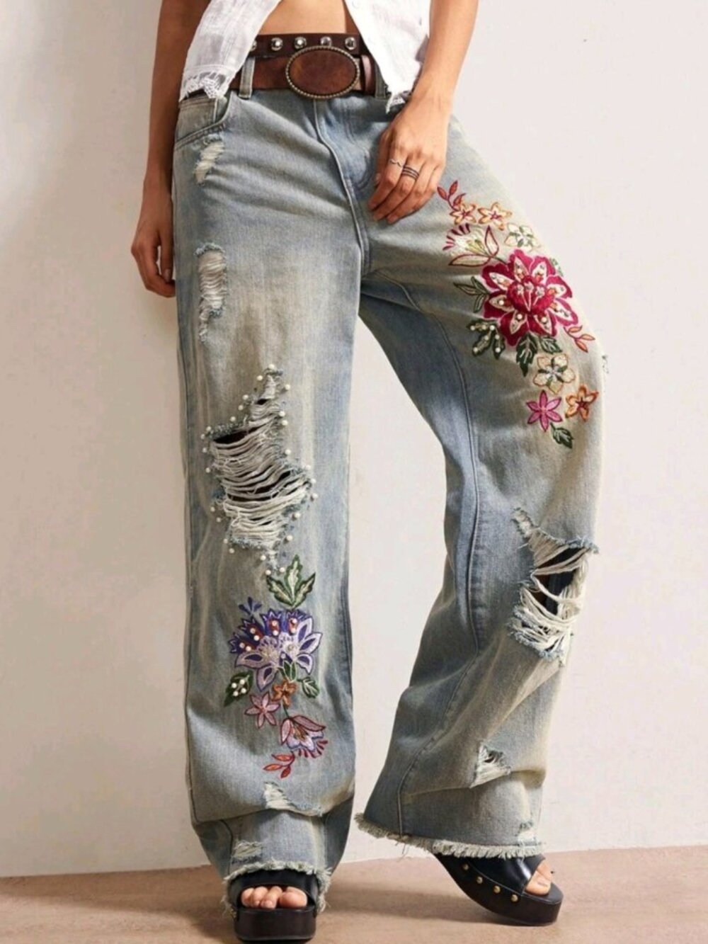 Countryside Vacation Style Casual Woven Embroidered Beaded Loose Women Jeans